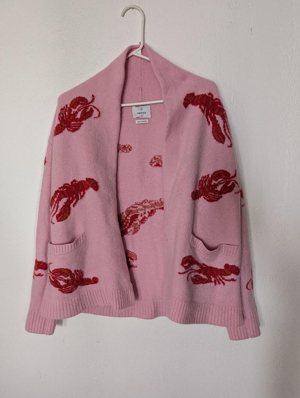 Harden Pink Lobster Print Cashmere Cardigan Xs Made In USA Pre Owned